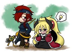 Rule 34 | 2girls, blonde hair, chibi, cloak, cross, fang, glasses, hair over one eye, hand in pocket, headband, horns, idea, light bulb, long hair, multiple girls, open mouth, pants, pants rolled up, pixiv fantasia, pixiv fantasia wizard and knight, pointy ears, red eyes, red hair, short hair, sleeves past wrists, staff, tattoo, very long hair, yanagi (nurikoboshi)