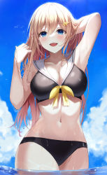 Rule 34 | 1girl, absurdres, arm behind head, arm up, bikini, bird, black bikini, blonde hair, blue eyes, braid, breasts, cleavage, cowboy shot, dripping, gongha, hair ornament, hairclip, hand in own hair, highres, in water, large breasts, long hair, looking at viewer, multicolored hair, navel, open mouth, original, sailor collar, single braid, solo, swimsuit, wading, wet