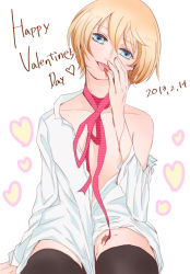Rule 34 | 1boy, alois trancy, androgynous, black thighhighs, blonde hair, blue eyes, chocolate, dated, happy valentine, heart, kuroshitsuji, licking, licking finger, male focus, naked shirt, ribbon, roko (rkrk s), shirt, short hair, smile, solo, thighhighs, tongue, tongue out, trap