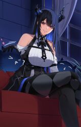 Rule 34 | 1girl, absurdres, asymmetrical horns, bare shoulders, black hair, blue hair, breasts, chantu irasu, colored inner hair, crossed legs, demon horns, gloves, hair ornament, highres, hololive, hololive english, horns, jailbird (nerissa ravencroft), large breasts, long hair, looking at viewer, mole, mole under eye, multicolored hair, nerissa ravencroft, red eyes, smile, solo, thighhighs, two-tone hair, uneven horns, very long hair, virtual youtuber