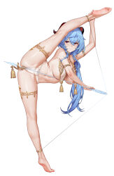 Rule 34 | 1girl, anal, anal object insertion, areola slip, armlet, arrow (projectile), bare shoulders, barefoot, bell, blue hair, bow (weapon), breast curtains, breasts, chinese commentary, commentary request, da mao banlangen, feet, full body, ganyu (genshin impact), genshin impact, goat horns, hair between eyes, highres, horns, large breasts, leg up, legs, long hair, looking to the side, navel, nipples, object insertion, parted lips, purple eyes, simple background, soles, solo, split, spread legs, standing, standing on one leg, thighlet, tiptoes, toes, translation request, weapon, white background