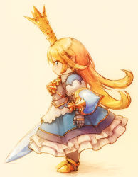 Rule 34 | 10s, 1girl, armor, armored dress, blonde hair, blue dress, blue eyes, charlotta (granblue fantasy), crown, dress, feral lemma, frilled dress, frills, gauntlets, granblue fantasy, harvin, harvin, highres, holding, holding sword, holding weapon, long hair, pointy ears, profile, solo, standing, sword, weapon
