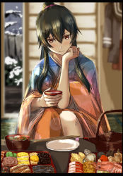 Rule 34 | 1girl, bento, black hair, black sailor collar, black shirt, blush, bush, closed mouth, commentary request, cup, fish, food, food request, hair between eyes, hand on own face, hanging, highres, holding, japanese clothes, jewelry, kantai collection, kettle, kimono, long hair, long sleeves, miso soup, multicolored clothes, multicolored kimono, omelet, open door, pink scrunchie, plate, pleated skirt, ponytail, pork, red eyes, red skirt, ring, sailor collar, sailor shirt, scrunchie, seitei (04seitei), shirt, shrimp, sidelocks, sitting, skirt, smile, snow, solo, tamagoyaki, tea, tree, twitter username, wedding ring, yahagi (kancolle)