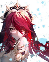 Rule 34 | 1girl, bare shoulders, commentary, detached sleeves, genshin impact, gloves, habit, hair over one eye, hand up, kokollet, looking at viewer, medium hair, portrait, red eyes, red hair, rosaria (genshin impact), sidelocks, solo, swept bangs, white background, white gloves
