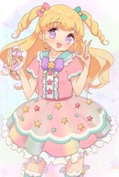Rule 34 | 1girl, :d, blonde hair, blush, bow, cowboy shot, dress, frilled dress, frills, hair bow, hair ornament, hands up, highres, holding, holding microphone, hyakumangoku masurao, idol clothes, idol time pripara, long hair, looking at viewer, microphone, open mouth, pink bow, pink dress, pretty series, pripara, purple bow, purple eyes, ringlets, short sleeves, smile, solo, standing, star (symbol), star hair ornament, star print, two side up, w, yumekawa yui