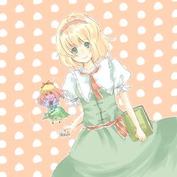 Rule 34 | 1girl, alice margatroid, bad id, bad pixiv id, blonde hair, blue eyes, blush, book, doll, dutch angle, female focus, green eyes, grimoire, hairband, holding, holding book, looking at viewer, polka dot, polka dot background, puffy short sleeves, puffy sleeves, rit519, shanghai doll, short hair, short sleeves, smile, solo, touhou, weapon