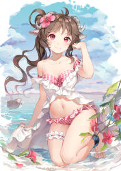 Rule 34 | 1girl, absurdres, animal ears, anklet, antenna hair, arknights, bare legs, bare shoulders, barefoot, bikini, breasts, bridal garter, brown hair, collarbone, commentary request, day, eyjafjalla (arknights), eyjafjalla (summer flower) (arknights), full body, hair bun, highres, horns, jewelry, long hair, looking at viewer, medium breasts, navel, off-shoulder bikini, off shoulder, official alternate costume, outdoors, pink bikini, pink eyes, plaid, plaid bikini, sheep, sheep ears, sheep girl, sheep horns, shirt, single hair bun, smile, solo, swimsuit, swimsuit cover-up, water, white shirt, ziyue