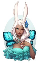 Rule 34 | 1girl, animal ears, warrior of light (ff14), breasts, cleavage, cropped torso, dark-skinned female, dark skin, final fantasy, final fantasy xiv, flower, forehead, hair flower, hair ornament, hand on own chest, heterochromia, highres, large breasts, lips, looking at viewer, rabbit ears, signature, silver tea house, simple background, smile, solo, two-tone background, viera, white hair