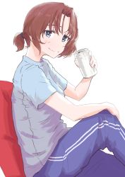 Rule 34 | 1girl, absurdres, alternate hairstyle, azumi (girls und panzer), beer can, blouse, blue eyes, blue pants, blue shirt, brown hair, can, closed mouth, commentary, drink can, girls und panzer, hair tie, highres, holding, holding can, knee up, looking at viewer, loungewear, oritako, pants, parted bangs, shirt, short hair, short ponytail, short sleeves, simple background, sitting, smile, solo, t-shirt, track pants, white background