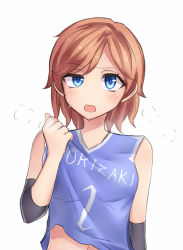 Rule 34 | 1girl, :o, arm at side, bare shoulders, basketball hoop, blue eyes, blue shirt, blush, breath, brown hair, clothes pull, clothes writing, commentary request, elbow pads, eyebrows, eyelashes, half-closed eye, highres, jersey, looking at viewer, navel, neit ni sei, open mouth, original, revision, shirt, shirt pull, shirt tug, short hair, simple background, sleeveless, sleeveless shirt, solo, sweat, uneven eyes, upper body, white background