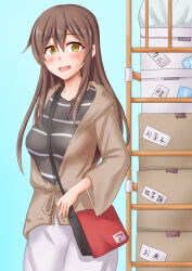 Rule 34 | 1girl, :d, akagi (kancolle), anti (untea9), bag, between breasts, black shirt, blue background, box, breasts, brown hair, brown sweater, cart, casual, cowboy shot, hair between eyes, highres, kantai collection, long hair, looking at viewer, medium breasts, official alternate costume, open mouth, shirt, simple background, skirt, smile, solo, straight hair, strap between breasts, striped clothes, striped shirt, sweater, white skirt, yellow eyes