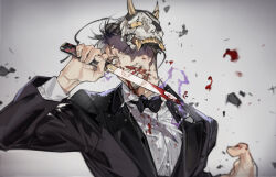 Rule 34 | 1boy, amputee, beard, black bow, black bowtie, black jacket, black suit, blood, blood on clothes, blood on face, blood on hands, blood on mouth, blood splatter, bloody knife, bow, bowtie, broken mask, eyepatch, unworn eyepatch, facial hair, fang, fighting, formal, goatee, gradient background, grey background, grey hair, grin, holding, holding knife, holding weapon, jacket, knife, long sleeves, looking at viewer, majima goro, male focus, mask, messy hair, nosebleed, oni mask, open mouth, ryuu ga gotoku (series), scar, scar across eye, scar on face, shirt, short hair, sidelocks, simple background, smile, solo, starshadowmagician, suit, weapon, white shirt, yellow eyes