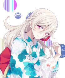 Rule 34 | 1girl, blush, corrin (female) (fire emblem), corrin (fire emblem), fire emblem, fire emblem fates, fire emblem heroes, gloves, hairband, hiyori (rindou66), japanese clothes, kimono, long hair, looking at viewer, nintendo, pointy ears, red eyes, simple background, slit pupils, smile, solo