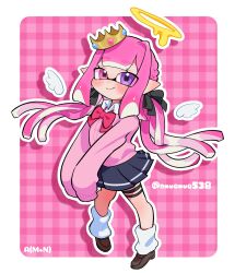 Rule 34 | 1girl, 95mana, black bow, black footwear, border, bow, bowtie, closed mouth, commentary request, commission, crown, detached wings, eyelashes, full body, hair bow, halo, heterochromia, highres, inkling, inkling girl, inkling player character, leg warmers, long hair, looking at viewer, multiple hair bows, multiple thigh straps, nintendo, outside border, pink background, pink eyes, pink hair, pink shirt, plaid, plaid background, pleated skirt, pointy ears, purple eyes, red bow, red bowtie, shirt, shoes, simple background, skirt, sleeves past fingers, sleeves past wrists, smile, solo, splatoon (series), tentacle hair, thigh strap, white border, wings