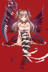 Rule 34 | 1girl, bandages, bare shoulders, black thighhighs, breasts, chromatic aberration, demon girl, demon horns, drill hair, gothic lolita, granblue fantasy, highres, horns, idolmaster, idolmaster cinderella girls, kanzaki ranko, lolita fashion, long hair, medium breasts, munape, red background, red eyes, scythe, silver hair, simple background, smile, solo, thighhighs, twin drills, wings