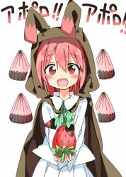 Rule 34 | 1girl, bad id, bad pixiv id, blush, chocolate, food, fruit, highres, looking at viewer, md5 mismatch, open mouth, original, personification, pink eyes, pink hair, short hair, simple background, smile, solo, strawberry, tantan men (dragon), translation request, white background