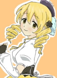 Rule 34 | 10s, blonde hair, fingerless gloves, gloves, hat, lowres, mahou shoujo madoka magica, pokefloote, smile, stereoscopic 3d, tomoe mami, yellow eyes