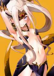 Rule 34 | 1girl, alternate eye color, armpits, arms behind head, arms up, bare shoulders, blush, breasts, bustier, claws, collarbone, cosplay, eyepatch, fate/grand order, fate/kaleid liner prisma illya, fate (series), gorgon (fate), gorgon (fate) (cosplay), illyasviel von einzbern, long hair, looking at viewer, medusa (fate), medusa (rider) (fate), mochi (k620803n), monster girl, navel, one eye covered, parted bangs, ponytail, purple eyes, rider, scales, sidelocks, simple background, small breasts, smile, snake tail, solo, square pupils, tail, white hair, yellow background
