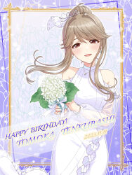 Rule 34 | 1girl, absurdres, blush, bouquet, character name, clothing cutout, dated, dress, fingernails, floating hair, floral background, flower, hair bun, happy birthday, highres, holding, holding bouquet, idolmaster, idolmaster million live!, light brown hair, long sleeves, looking at viewer, nail polish, see-through, see-through sleeves, shiro (ongrokm), shoulder cutout, sidelocks, single hair bun, smile, solo, tenkuubashi tomoka, white dress