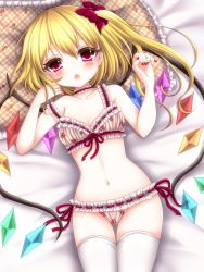 Rule 34 | 1girl, arm strap, asymmetrical hair, blonde hair, blush, bow, bra, buchi no neko, choker, collarbone, fang, flandre scarlet, floral print, frilled bra, frilled panties, frills, front-tie top, hair bow, hand in own hair, highres, looking at viewer, lying, nail polish, navel, on back, open mouth, panties, pillow, pink eyes, red nails, ribbon-trimmed bra, ribbon-trimmed underwear, ribbon choker, ribbon trim, side-tie panties, side ponytail, solo, strap slip, thighhighs, touhou, underwear, underwear only, white bra, white panties, white thighhighs, wings