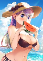 Rule 34 | 1girl, absurdres, artist name, beach, bikini, biting, black bikini, blue eyes, blush, bow, breasts, cleavage, cloud, commentary request, cowboy shot, day, food, fruit, geshumaro, hat, hat bow, highres, large breasts, lens flare, looking at viewer, original, purple hair, side-tie bikini bottom, signature, sky, solo, sun hat, swimsuit, water, watermelon