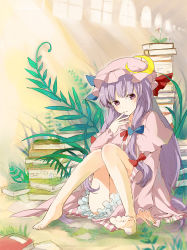 Rule 34 | 1girl, bad id, bad pixiv id, barefoot, book, dust, feet, female focus, finger to mouth, hat, legs, long hair, mousariababa, patchouli knowledge, plant, purple eyes, purple hair, ribbon, sitting, solo, touhou, window