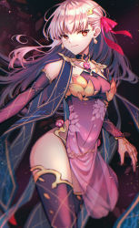 Rule 34 | 1girl, armlet, armor, bare shoulders, bikini armor, bracelet, breasts, circlet, collar, detached sleeves, dress, earrings, fate/grand order, fate (series), floral print, hair ribbon, highres, jewelry, kama (fate), kama (second ascension) (fate), long hair, looking at viewer, medium breasts, metal collar, pelvic curtain, purple dress, purple sleeves, purple thighhighs, red eyes, ribbon, ring, silver hair, smile, solo, sunanogimo, thighhighs, thighlet, thighs