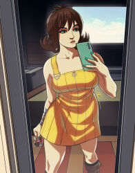 Rule 34 | 1girl, alternate breast size, boots, breasts, brown hair, cellphone, closed mouth, collarbone, commentary, dress, english commentary, exmile, final fantasy, final fantasy viii, flipped hair, full-length zipper, green eyes, holding, holding phone, holding photo, indoors, knee boots, large breasts, looking at phone, phone, photo (object), selfie, selphie tilmitt, short hair, smartphone, solo, yellow dress, zipper, zipper dress
