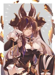 Rule 34 | 1girl, animal ears, asymmetrical hair, black dress, black sleeves, blue hair, brown hair, commentary request, detached sleeves, dress, extra ears, closed eyes, galleon (granblue fantasy), gloves, granblue fantasy, highres, licking lips, mii (03miiy), multicolored hair, pointy ears, smile, solo, streaked hair, tongue, tongue out, white gloves