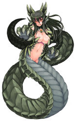 Rule 34 | 1girl, :q, animal hands, black hair, blush, breasts, claws, cleavage, dragon, dragon girl, fins, full body, green hair, head fins, horns, kenkou cross, lamia, large breasts, lizard tail, long hair, looking at viewer, monster girl, monster girl encyclopedia, navel, nude, official art, orange eyes, outstretched arm, scales, simple background, solo, tail, tongue, tongue out, white background, wurm (monster girl encyclopedia), yellow eyes