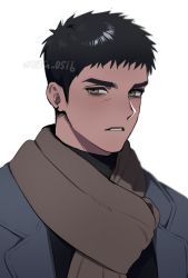 Rule 34 | 1boy, artist name, black hair, black shirt, blue jacket, brown scarf, dark skin, green eyes, highres, jacket, looking to the side, male focus, mongz, original, scarf, serious, shirt, solo, spiked hair, text focus, thick eyebrows
