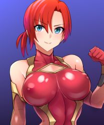 Rule 34 | &gt;:), 1girl, alternate costume, asymmetrical bangs, baron (nsbaron), blue eyes, blush, bodysuit, boudica (fate), breasts, clenched hand, closed mouth, covered erect nipples, covered navel, cowboy shot, fate/grand order, fate (series), gloves, gradient background, impossible clothes, impossible leotard, large breasts, leotard, multicolored background, red bodysuit, red gloves, red hair, short hair, short ponytail, skin tight, smile, solo, taimanin (series), taimanin suit, upper body