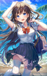 Rule 34 | 1girl, :d, absurdres, aibek, arm up, bag, beach, black skirt, blue eyes, blue sky, blush, bow, bowtie, breasts, brown hair, collared shirt, commentary request, copyright request, day, dress shirt, hand on own head, hat, highres, holding strap, long hair, looking at viewer, medium breasts, open mouth, outdoors, palm leaf, pleated skirt, red bow, red bowtie, school bag, school uniform, shirt, short sleeves, shoulder bag, skirt, sky, smile, solo, thighhighs, very long hair, water, wet, white shirt, white thighhighs