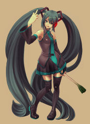 Rule 34 | blue eyes, blue hair, boots, detached sleeves, hatsune miku, headset, hip focus, long hair, middle finger, necktie, skirt, solo, spring onion, thigh boots, thighhighs, twintails, very long hair, vocaloid, wide hips, yugume, zettai ryouiki