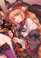 Rule 34 | 1girl, bad id, bad pixiv id, boots, braid, brown eyes, brown hair, character request, grimms notes, halloween, highres, holding, holding sword, holding weapon, knee boots, kosai takayuki, long hair, looking at viewer, parted lips, purple footwear, solo, sword, very long hair, weapon
