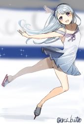 Rule 34 | 1girl, adapted costume, asymmetrical bangs, bare shoulders, blurry, depth of field, dress, hairband, highres, ice skates, ice skating, kantai collection, long hair, off shoulder, open mouth, outstretched arms, purple eyes, sagiri (kancolle), silver hair, skates, skating, smile, solo, swept bangs, twitter username, yamashichi (mtseven)