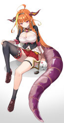 Rule 34 | 1girl, absurdres, ahoge, black hairband, black thighhighs, blonde hair, braid, breasts, brown footwear, cleavage, commentary request, crown, dragon girl, dragon horns, dragon tail, duplicate, full body, hairband, halo, halo removed, highres, hololive, horns, kiryu coco, kiryu coco (1st costume), large breasts, long hair, multicolored hair, orange hair, pixel-perfect duplicate, red eyes, shoes, simple background, single braid, single thighhigh, sitting, solo, star halo, streaked hair, tail, thighhighs, virtual youtuber, white background, yuuzuki (re&#039;ef)