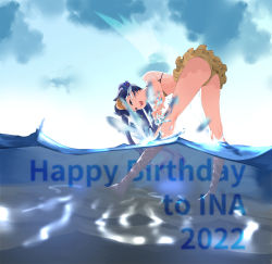 Rule 34 | 1girl, :d, absurdres, adapted costume, ass, bent over, bikini, bikini skirt, blue eyes, blue sky, cloud, cloudy sky, flower, from behind, full body, gradient hair, hair flower, hair ornament, happy birthday, highres, hololive, hololive english, long hair, looking at viewer, multicolored hair, ninomae ina&#039;nis, ocean, open mouth, orange hair, painwolfe, pointy ears, ponytail, purple hair, sidelocks, sky, smile, solo, swimsuit, tentacle hair, very long hair, violet (ninomae ina&#039;nis), virtual youtuber, wading, yellow bikini