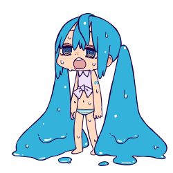 Rule 34 | 1girl, @ @, barefoot, blue eyes, blue hair, chibi, hatsune miku, highres, hot, icon 315, long hair, melting, no pants, panties, shirt, sleeveless, solo, striped clothes, striped panties, sweat, tied shirt, underwear, very long hair, vocaloid, white background