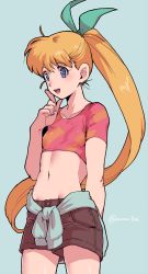 Rule 34 | 1girl, :d, arm behind back, bad id, bad pixiv id, bakusou kyoudai let&#039;s &amp; go!!, blue eyes, clothes around waist, index finger raised, josephine goodwin, katsuoboshi, long hair, looking at viewer, midriff, open mouth, orange hair, ponytail, shorts, smile, solo, twitter username, very long hair