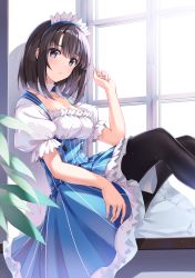 Rule 34 | 1girl, absurdres, alternate costume, black eyes, black pantyhose, bob cut, breasts, cleavage, detached collar, dress, enmaided, feet out of frame, frilled dress, frills, from side, highres, indoors, katou megumi, leaf, leaning back, looking at viewer, low neckline, maid, maid headdress, medium breasts, pantyhose, parted lips, puffy sleeves, saenai heroine no sodatekata, short hair, short sleeves, sidelocks, sitting, solo, window, yanagi marie