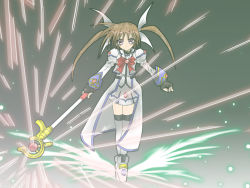 Rule 34 | 00s, 1girl, blue eyes, bow, bowtie, brown hair, dress, fingerless gloves, gloves, long sleeves, looking at viewer, lyrical nanoha, magazine (weapon), magical girl, mahou shoujo lyrical nanoha, mahou shoujo lyrical nanoha strikers, raising heart, raising heart (accel mode), red bow, red bowtie, red hair, shoes, solo, takamachi nanoha, takamachi nanoha (aggressor mode), thighhighs, twintails, white dress, white thighhighs, winged footwear, wings, zettai ryouiki