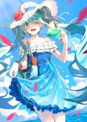 Rule 34 | 1girl, absurdres, aqua hair, bag, bare shoulders, blue dress, blue eyes, blue sky, blurry, blurry foreground, cloud, cloudy sky, collarbone, commentary, cowboy shot, dress, english commentary, falling petals, floating hair, hair between eyes, hat, hatsune miku, highres, holding, holding phone, hya ro, light blush, long hair, looking at viewer, one eye closed, open mouth, outdoors, petals, phone, shoulder bag, skirt hold, sky, smile, solo, teeth, twintails, upper teeth only, very long hair, vocaloid, white hat
