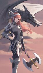 Rule 34 | 1girl, armor, axe, black dress, bracer, breastplate, cherche (fire emblem), cloud, commentary, commission, dress, english commentary, fire emblem, fire emblem awakening, greaves, halberd, headband, helswath, highres, holding, holding axe, long hair, looking at viewer, nintendo, polearm, red eyes, red hair, red sky, shou illust, shoulder armor, sky, smile, solo, standing, weapon, white headband