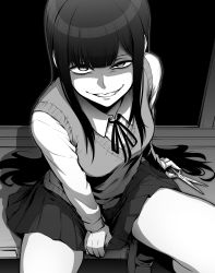 Rule 34 | 1girl, absurdres, ebiblue, greyscale, grin, highres, long hair, looking at viewer, monochrome, original, pleated skirt, school uniform, scissors, sitting, skirt, smile, solo, sweater vest