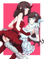 Rule 34 | 2girls, bent over, blue eyes, boots, brown hair, cross-laced footwear, dress, hayami ritsu, high heel boots, high heels, kneeling, lace-up boots, looking at viewer, melanie malachite, miltiades malachite, multiple girls, panties, red dress, rwby, siblings, sisters, thigh boots, thighhighs, twins, underwear, upskirt, white dress