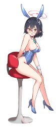 Rule 34 | 1girl, alternate costume, animal ears, ayane (blue archive), black hair, blue archive, breaaad, breasts, chair, collar, detached collar, fake animal ears, glasses, halo, high heels, highres, large breasts, leotard, medium breasts, necktie, playboy bunny, pointy ears, red halo, short hair, solo, yellow eyes