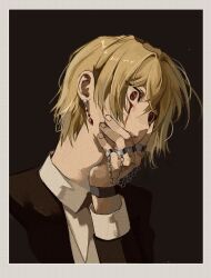Rule 34 | 1other, androgynous, black suit, blonde hair, blood, bloody tears, crystal earrings, earrings, formal, hand on own face, hunter x hunter, jewelry, kurapika, long sleeves, mistu123409, multiple rings, red eyes, ring, shirt, short hair, simple background, solo, suit, thumb ring, upper body, white shirt