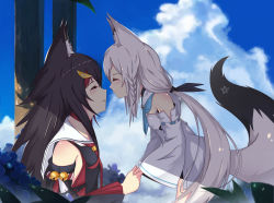 Rule 34 | 2girls, animal ear fluff, animal ears, aoman de cangshu, bare shoulders, blush, braid, breasts, closed eyes, cloud, detached sleeves, facing another, fox ears, fox girl, fox tail, hair between eyes, hair ornament, highres, holding, holding hands, hololive, imminent kiss, long hair, multiple girls, ookami mio, ookami mio (1st costume), parted lips, pentagram, ponytail, profile, shirakami fubuki, shirakami fubuki (1st costume), sky, small breasts, tail, tail raised, virtual youtuber, white hair, yuri