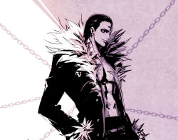 Rule 34 | 1boy, abs, belt, chain, chrollo lucilfer, closed mouth, coat, commentary, evilgun, forehead tattoo, from side, fur collar, hair slicked back, hand on own hip, hunter x hunter, limited palette, long sleeves, male focus, open clothes, open coat, pants, pectorals, purple background, short hair, smile, solo, toned, toned male, two-tone background, white background